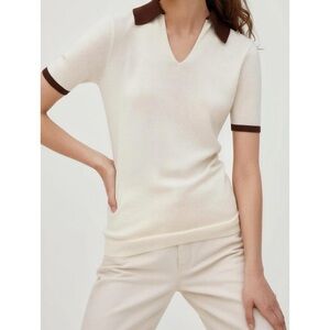 LILYSILK Timeless Mei Silk Knit Polo, Cream/Brown, Medium